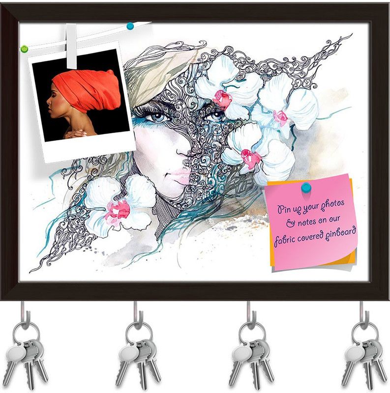 Artzfolio Woman With Orchids Pinboard with Key Holder Hooks Dark Brown Frame 7.7x6inch Cork Bulletin Board  (Multicolor 7.7 x 6 inch (20 x 15 cms))