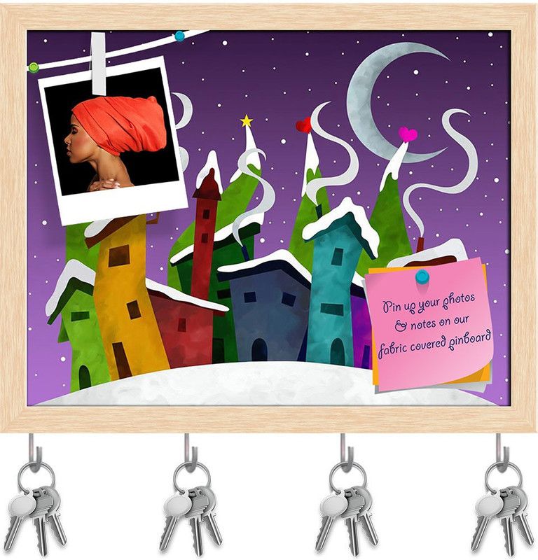 Artzfolio Abstract Houses Pin Board with Key Holders Natural Brown Frame 15.1x12inch Cork Bulletin Board  (Multicolor 15.1 x 12 inch (38 x 30 cms))