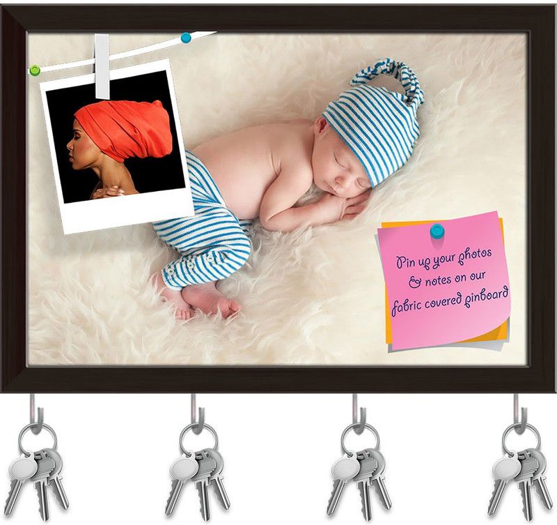 Artzfolio Newborn Baby D2 Pinboard with Key Holder Hooks Dark Brown Frame 14.5x10inch Cork Bulletin Board  (Multicolor 14.5 x 10 inch (37 x 25 cms))