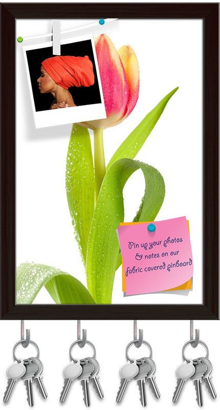 Artzfolio Pink Tulip In Water Drops Pinboard with Key Holders Dark Brown Frame6x8.6inch Cork Bulletin Board  (Multicolor 6 x 8.6 inch (15 x 22 cms))