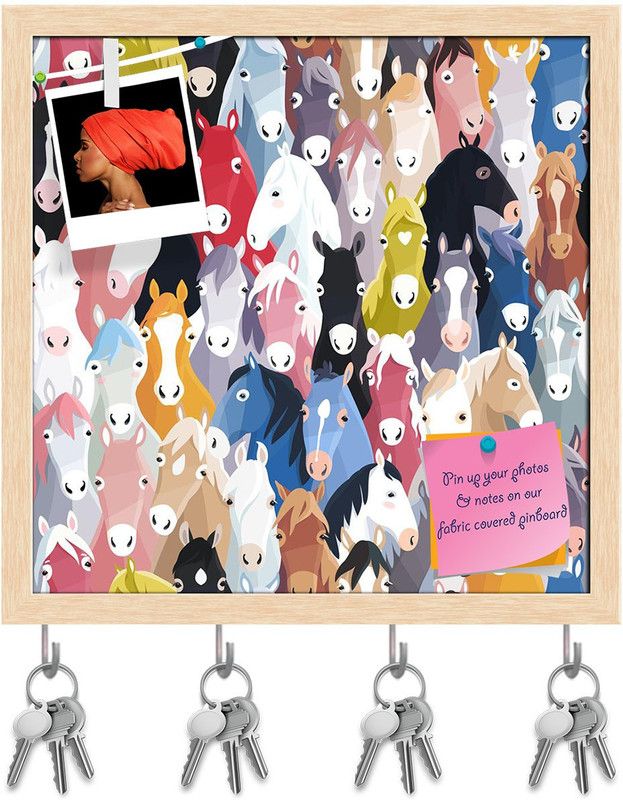 Artzfolio Cartoon Horses Pinboard with Key Holder Hooks Natural Brown Frame 20x20inch Cork Bulletin Board  (Multicolor 20 x 20 inch (51 x 51 cms))