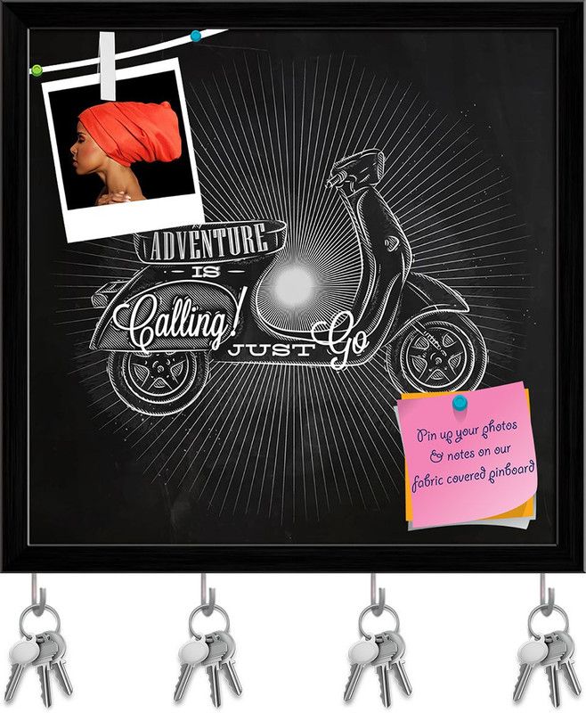 Artzfolio Adventure Is Calling Just Go Pin Board with Key Holders Black Frame 8.2x8inch Cork Bulletin Board  (Multicolor 8.2 x 8 inch (21 x 20 cms))