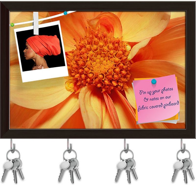 Artzfolio Single Flowering Dahlia Pinboard with Key Holders Dark Brown Frame11.5x8inch Cork Bulletin Board  (Multicolor 11.5 x 8 inch (29 x 20 cms))
