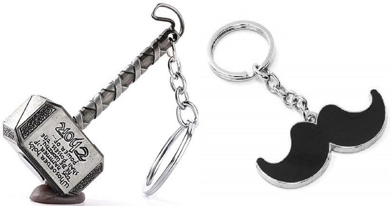 kd collections KD482 - Avengers Infinity War Stormbreaker Mjolnir Thor Hammer Keychain & Mustache Mooch Keychain Combo (Grey Black) Key Chain