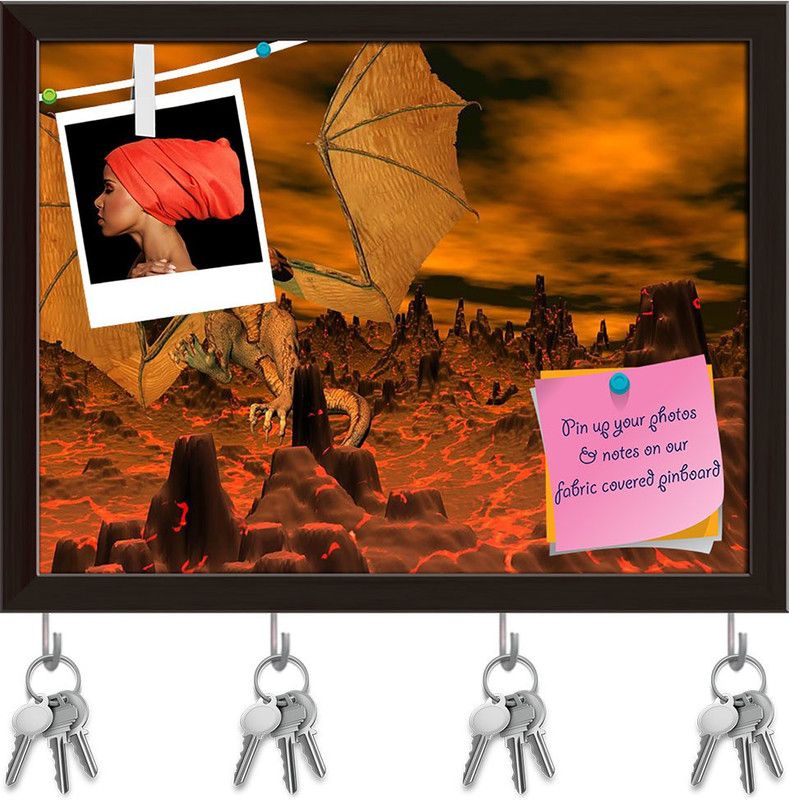 Artzfolio Dragon Flying Upon Alien Pinboard with Key Holders Dark Brown Frame13x10inch Cork Bulletin Board  (Multicolor 13 x 10 inch (33 x 25 cms))