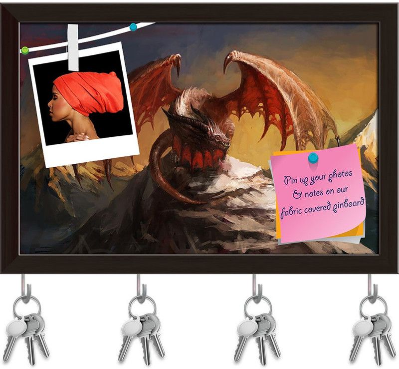 Artzfolio Dragon D1 Pinboard with Key Holder Hooks Dark Brown Frame 8.8x6inch (22x15cms) Cork Bulletin Board  (Multicolor 8.8 x 6 inch (22 x 15 cms))