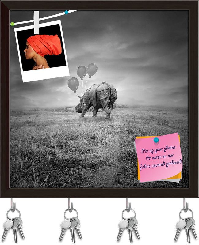 Artzfolio Artistic Rhino Back With Three Balloons Pinboard & Key Hooks Dark Brown8.1x8in Cork Bulletin Board  (Multicolor 8.1 x 8 inch (21 x 20 cms))