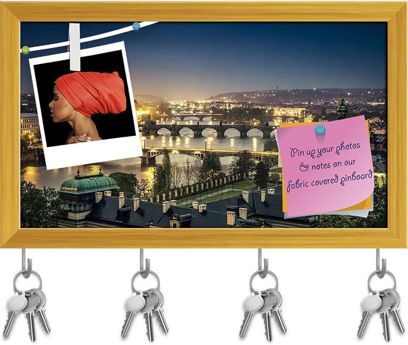 Artzfolio The Skyline Of Prague At Night, Czech Republic Pinboard Golden Frame 13.4x8in Cork Bulletin Board  (Multicolor 13.4 x 8 inch (34 x 20 cms))