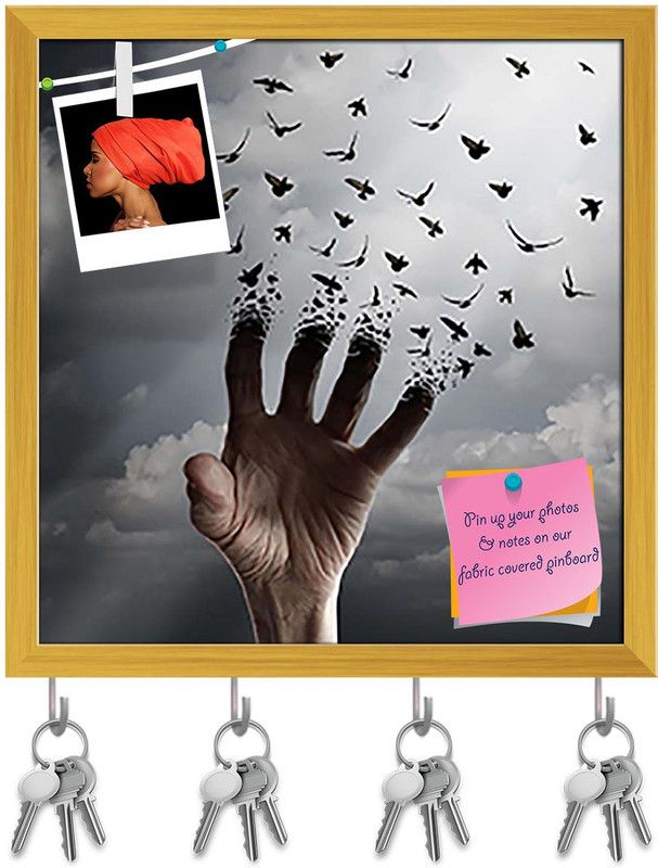 Artzfolio Flying Birds Pin Board with Key Holder Hooks Golden Frame 6x6.2inch (15x16cms) Cork Bulletin Board  (Multicolor 6 x 6.2 inch (15 x 16 cms))
