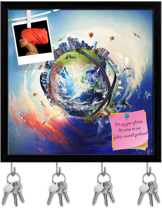 Artzfolio Global View Of Business World Pin Board with Key Holders Black Frame 8x8inch Cork Bulletin Board  (Multicolor 8 x 8 inch (20 x 20 cms))