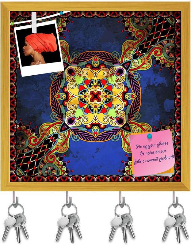 Artzfolio Floral Paisley Bandanna Pin Board with Key Holders Golden Frame 20x20inch Cork Bulletin Board  (Multicolor 20 x 20 inch (51 x 51 cms))