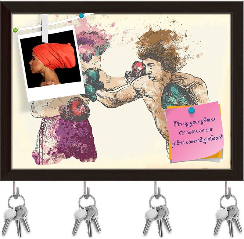 Artzfolio Boxing Men D4 Pinboard with Key Holder Hooks Dark Brown Frame 10.9x8inch Cork Bulletin Board  (Multicolor 10.9 x 8 inch (28 x 20 cms))