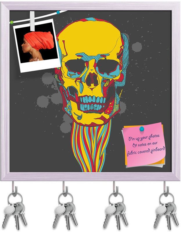 Artzfolio Day Of The Dead Colorful Skull Pinboard with Key Holders White Frame20x20inch Cork Bulletin Board  (Multicolor 20 x 20 inch (51 x 51 cms))