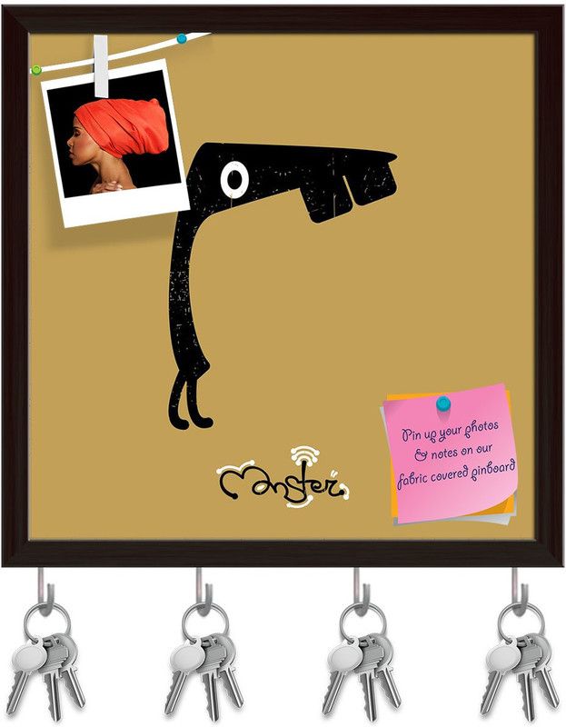 Artzfolio Monster D3 Pinboard with Key Holder Hooks Dark Brown Frame 8x8inch (20x20cms) Cork Bulletin Board  (Multicolor 8 x 8 inch (20 x 20 cms))