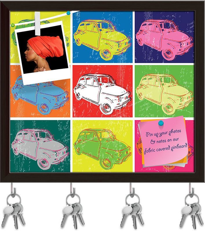 Artzfolio Italian Style Pinboard with Key Holder Hooks Dark Brown Frame 9x8inch (23x20cms) Cork Bulletin Board  (Multicolor 9 x 8 inch (23 x 20 cms))