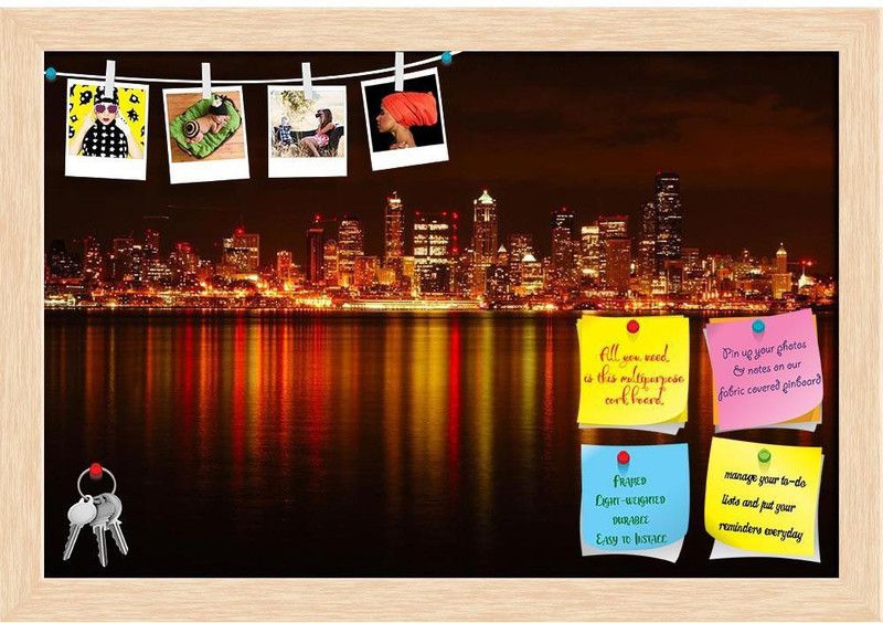 Artzfolio Seattle Skyline Reflected In Water, Washington USA Notice Pin Board Soft Board Cork Bulletin Board  (Natural Brown Frame 23.7 x 16 inch (60 x 41 cms))