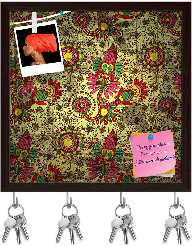 Artzfolio Flower Paisley Design D1 Pinboard with Key Holder Hooks Dark Brown Frame 8x8inch Cork Bulletin Board  (Multicolor 8 x 8 inch (20 x 20 cms))