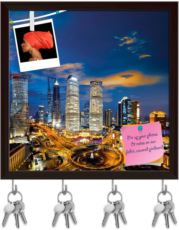 Artzfolio Shanghai Skyline At Night China Pinboard & Key Holders Dark Brown Frame8x8inch Cork Bulletin Board  (Multicolor 8 x 8 inch (20 x 20 cms))