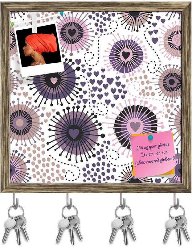 Artzfolio Circle & Hearts Pin Board with Key Holders Antique Golden Frame 20x20inch Cork Bulletin Board  (Multicolor 20 x 20 inch (51 x 51 cms))