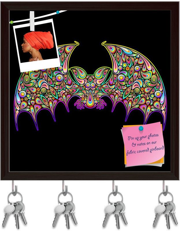 Artzfolio Bat Psychedelic Art Design Pinboard with Key Holders Dark Brown Frame8x8inch Cork Bulletin Board  (Multicolor 8 x 8 inch (20 x 20 cms))