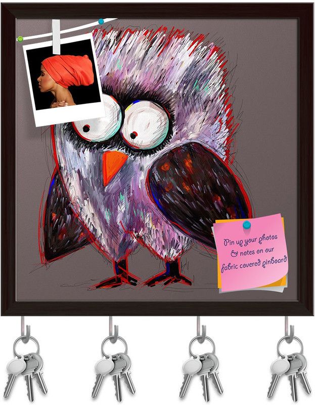 Artzfolio Doodle Crazy Owl Pinboard with Key Holder Hooks Dark Brown Frame 8x8inch Cork Bulletin Board  (Multicolor 8 x 8 inch (20 x 20 cms))