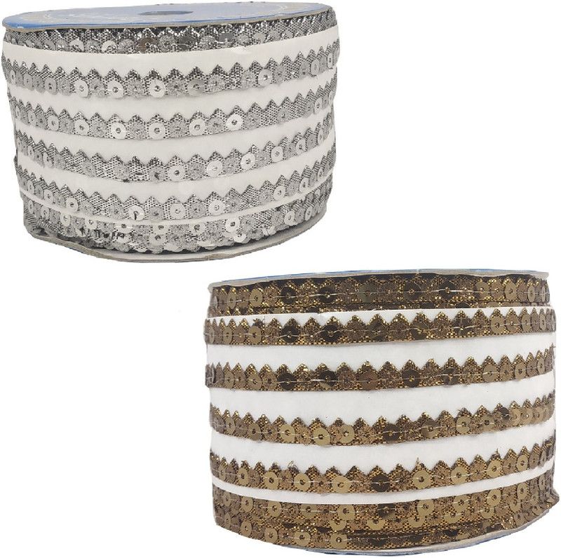 Adhvik CWG0342-002 Pack of 2 (45mtr & Width:7mm) Silver & Brown Gota Kinari Patti Sitara Border Lace Reel  (Pack of 2)
