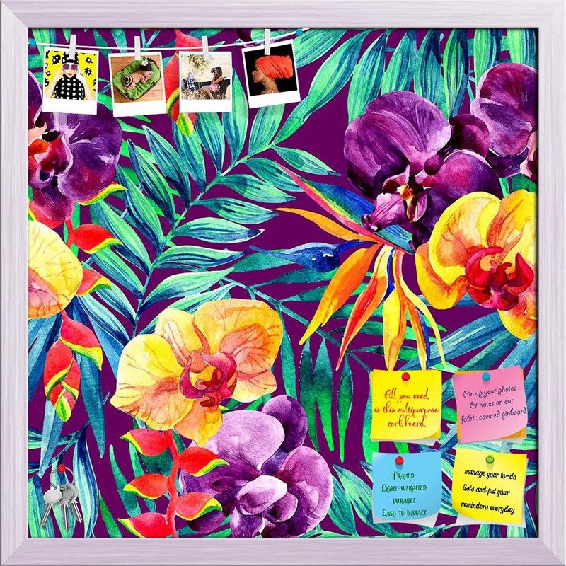 Artzfolio Watercolor Tropical Leaves & Flowers Pattern Pinboard White Frame 24x24inch Cork Bulletin Board  (Multicolor 24 x 24 inch (61 x 61 cms))