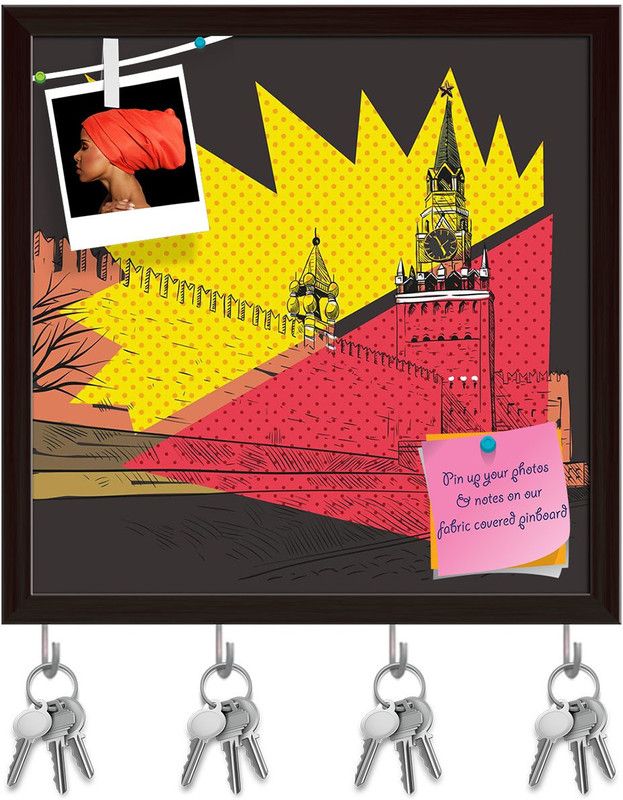Artzfolio Moscow Red Square D2 Pinboard with Key Holder Hooks Dark Brown Frame 20x20inch Cork Bulletin Board  (Multicolor 20 x 20 inch (51 x 51 cms))