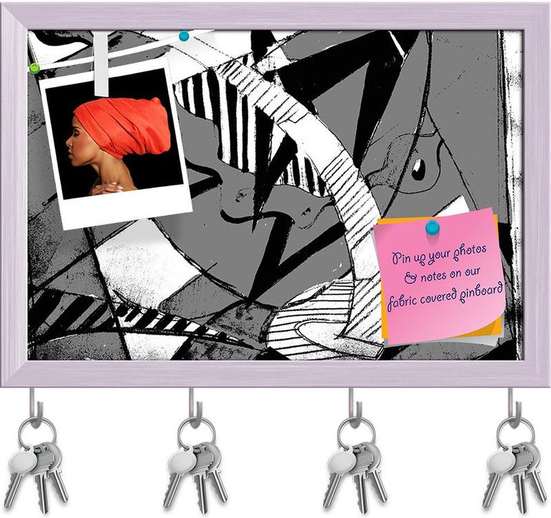 Artzfolio Abstract Notice Pin Board with Key Holder Hooks White Frame 8.5x6inch (22x15cms) Cork Bulletin Board  (Multicolor 8.5 x 6 inch (22 x 15 cms))