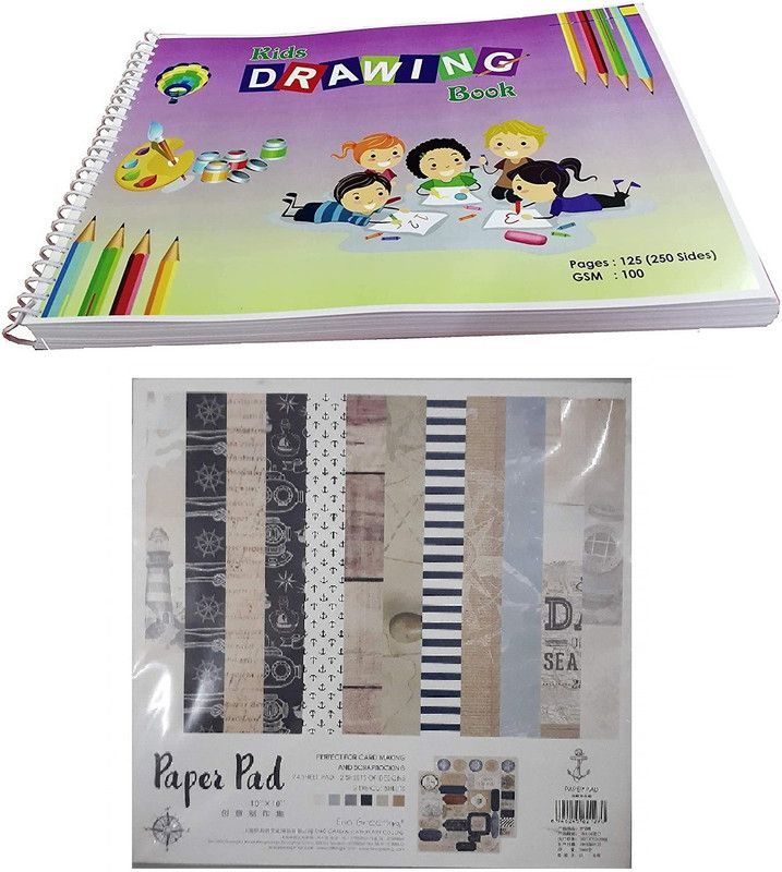 MOREL DRAWING BOOK (250 PAGES, 125 SHEETS) PLAIN PAPER OF 100GSM AND (10''X10'') GREETING PAPER PATTERN PRINTED PAPERS FOR ART & CARFT (24 SHEET,2 DIE CUTS) UNRULED 10 INCH 100 gsm Craft paper  (Set of 1, Multicolor)