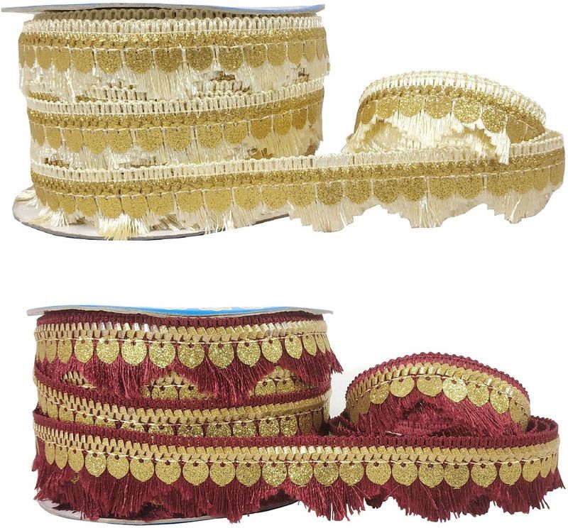 Adhvik CWG0341-010 Pack of 2 (18mtr & 2.5cm Width) Cream & Maroon Gota Kinari Sitara Trim Border Lace Reel  (Pack of 2)