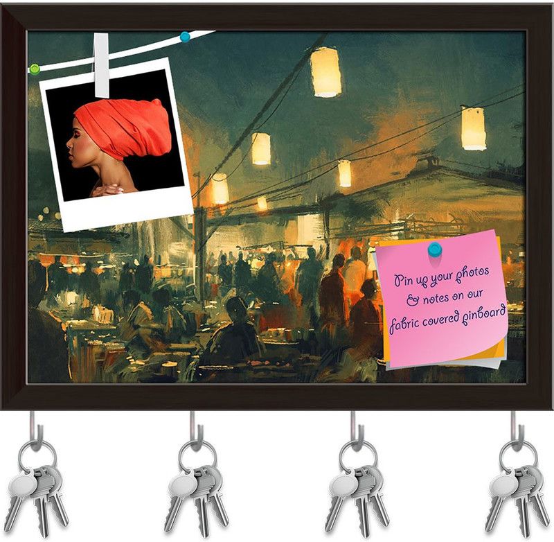 Artzfolio Crowd Of People Walking In The Market Pinboard & Key Hooks Dark Brown16.5x12in Cork Bulletin Board  (Multicolor 16.5 x 12 inch (42 x 30 cms))