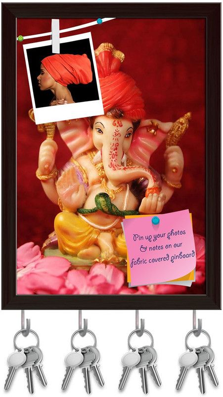 Artzfolio Lord Ganesh D5 Pinboard with Key Holder Hooks Dark Brown Frame 8x11.2inch Cork Bulletin Board  (Multicolor 8 x 11.2 inch (20 x 28 cms))