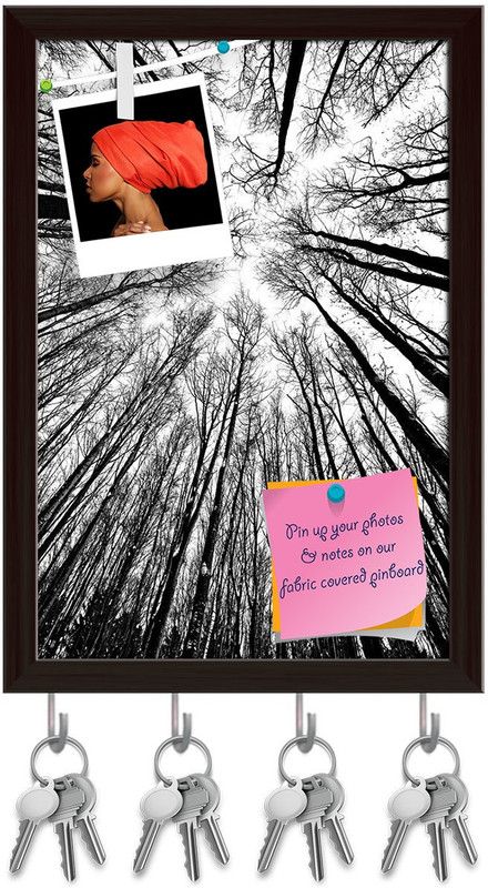 Artzfolio Black & White Trees Pinboard with Key Holder Hooks Dark Brown Frame 8x11.5inch Cork Bulletin Board  (Multicolor 8 x 11.5 inch (20 x 29 cms))
