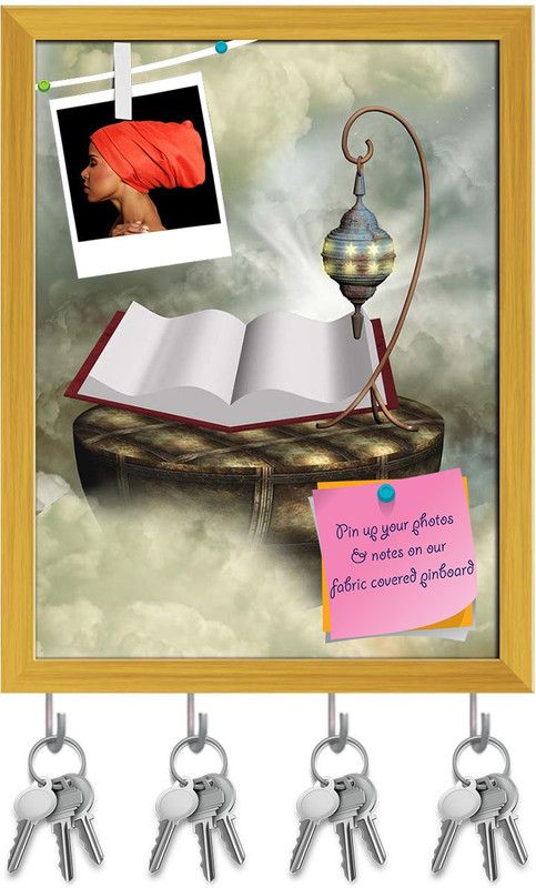 Artzfolio Magic Book With Lamp Pin Board with Key Holders Golden Frame 12x15.7inch Cork Bulletin Board  (Multicolor 12 x 15.7 inch (30 x 40 cms))