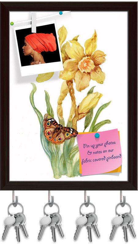 Artzfolio Yellow Narcissus Pinboard with Key Holder Hooks Dark Brown Frame 8x11.1inch Cork Bulletin Board  (Multicolor 8 x 11.1 inch (20 x 28 cms))