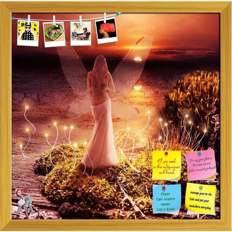 Artzfolio Fairy With Transparent Wings Notice Pin Board Golden Frame 24.2x24inch Cork Bulletin Board  (Multicolor 24.2 x 24 inch (61 x 61 cms))