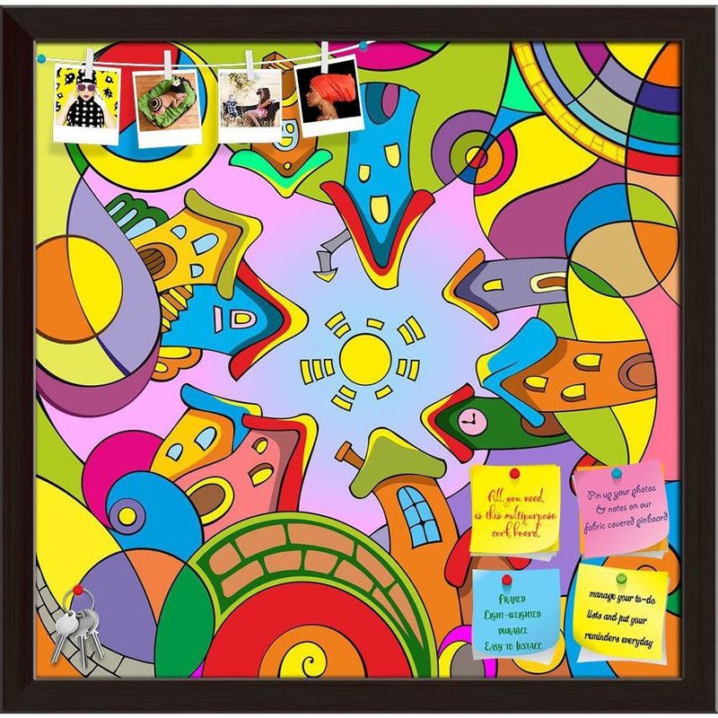 Artzfolio Funny Cartoon Town Notice Pin Board Soft Board with Push Pins Cork Bulletin Board  (Dark Brown Frame 16.2 x 16 inch (41 x 41 cms))