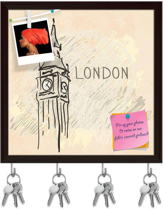 Artzfolio Big Ben London England Pinboard with Key Holder Hooks Dark Brown Frame 16x16inch Cork Bulletin Board  (Multicolor 16 x 16 inch (41 x 41 cms))