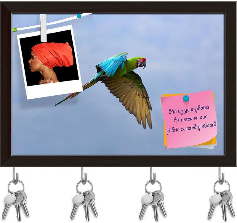 Artzfolio Military Macaw Pinboard with Key Holder Hooks Dark Brown Frame 11.5x8inch Cork Bulletin Board  (Multicolor 11.5 x 8 inch (29 x 20 cms))
