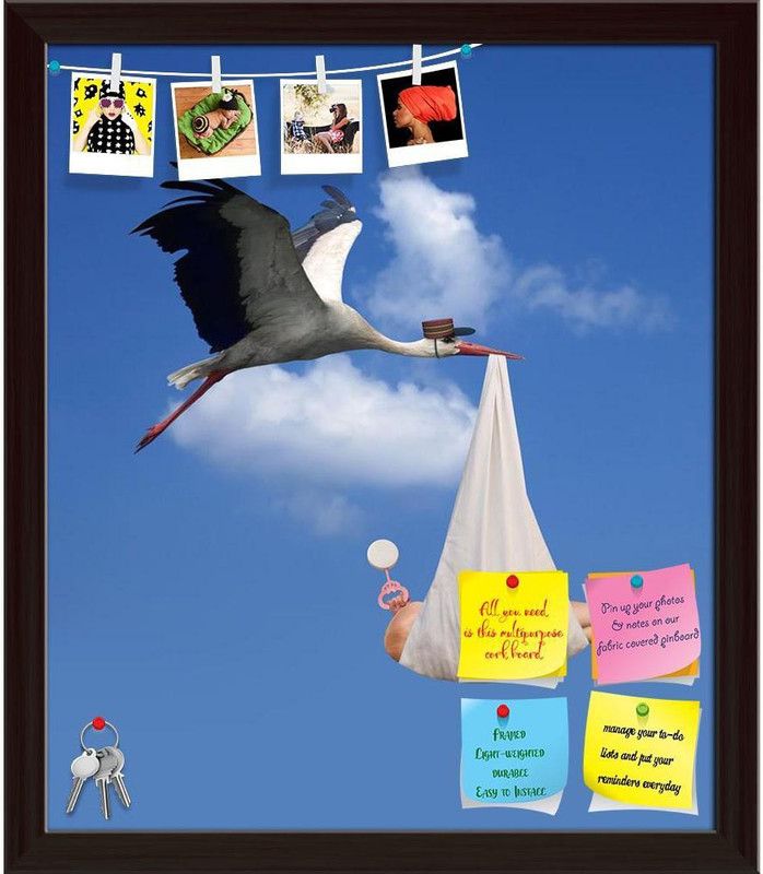 Artzfolio Stork in Flight Delivering a Newborn Baby Notice Pin Board Soft Board Cork Bulletin Board  (Dark Brown Frame 12 x 13.9 inch (30 x 35 cms))
