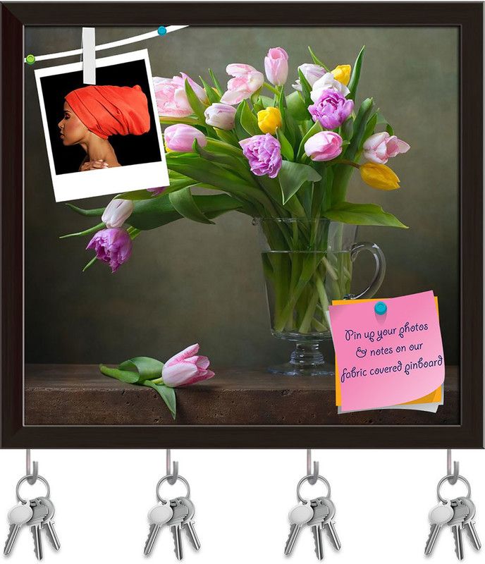 Artzfolio Still Life With Colorful Tulips D3 Pinboard & Key Hooks Dark Brown17.4x16in Cork Bulletin Board  (Multicolor 17.4 x 16 inch (44 x 41 cms))