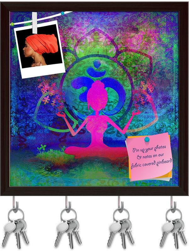 Artzfolio Yoga Lotus Pose D4 Pinboard with Key Holder Hooks Dark Brown Frame 10x10.3inch Cork Bulletin Board  (Multicolor 10 x 10.3 inch (25 x 26 cms))