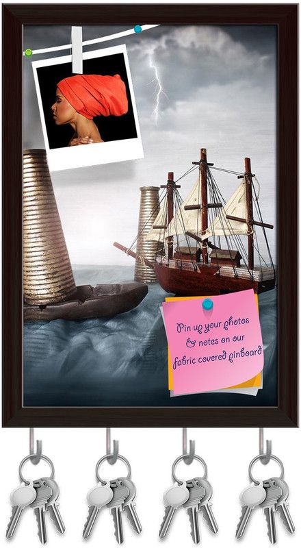 Artzfolio Miniature Ship In An Ocean Pin Board with Key Hooks Dark Brown Frame 12x17.5inch Cork Bulletin Board  (Multicolor 12 x 17.5 inch (30 x 44 cms))
