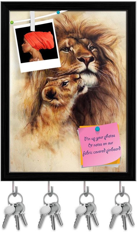 Artzfolio Lion & Her Baby Cub Pin Board with Key Holders Black Frame 8x10.7inch (20x27cms) Cork Bulletin Board  (Multicolor 8 x 10.7 inch (20 x 27 cms))