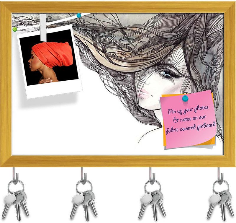 Artzfolio Woman With Beautiful Hair Pin Board with Key Holders Golden Frame 17.4x12inch Cork Bulletin Board  (Multicolor 17.4 x 12 inch (44 x 30 cms))