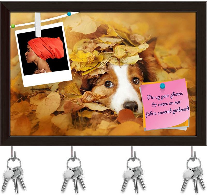 Artzfolio Dog Playing With Leaves In Autumn Pinboard & Key Hooks Dark Brown Frame17.5x12in Cork Bulletin Board  (Multicolor 17.5 x 12 inch (44 x 30 cms))