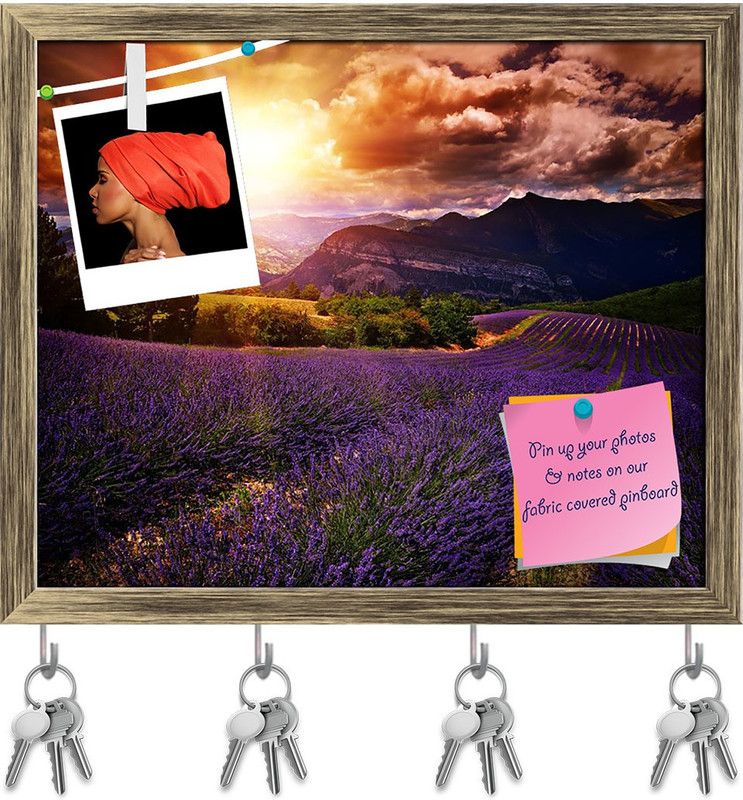 Artzfolio Lavender Field Summer Sunset Landscape Pinboard Key Hooks Antique Golden 9.5x8in Cork Bulletin Board  (Multicolor 9.5 x 8 inch (24 x 20 cms))