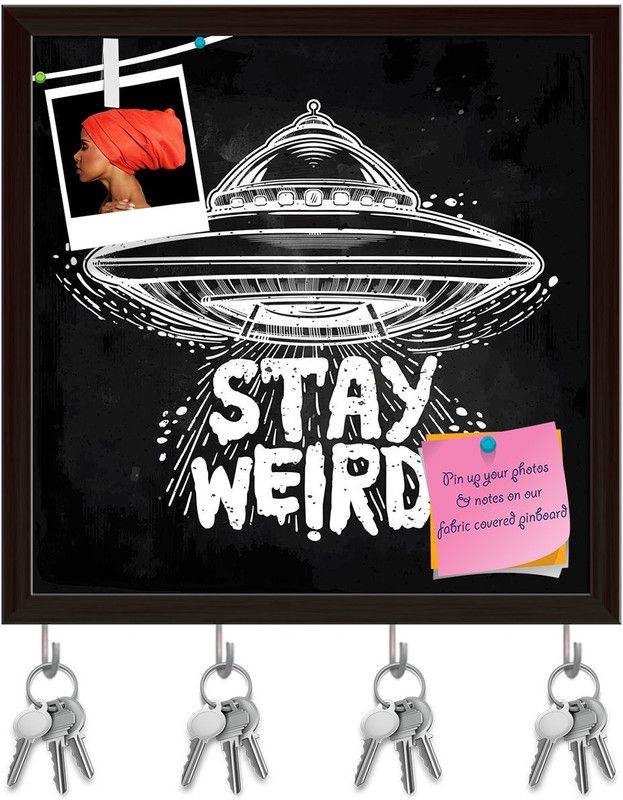 Artzfolio Stay Weird D3 Pinboard with Key Holder Hooks Dark Brown Frame 20x20inch Cork Bulletin Board  (Multicolor 20 x 20 inch (51 x 51 cms))