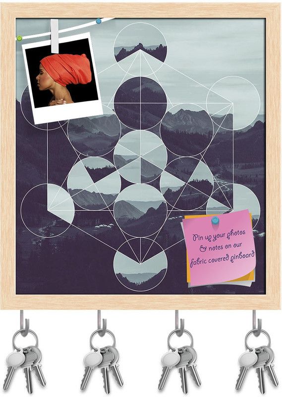 Artzfolio Forest Mountains & The Metatrons Cube Pinboard & Key Hooks Brown Frame16x17.5in Cork Bulletin Board  (Multicolor 16 x 17.5 inch (41 x 44 cms))